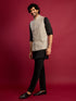 Men's Grey Sequin & Thread Embroidered Nehru Jacket with Black Satin Kurta & Pants Set