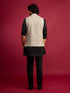 Men's Grey Sequin & Thread Embroidered Nehru Jacket with Black Satin Kurta & Pants Set
