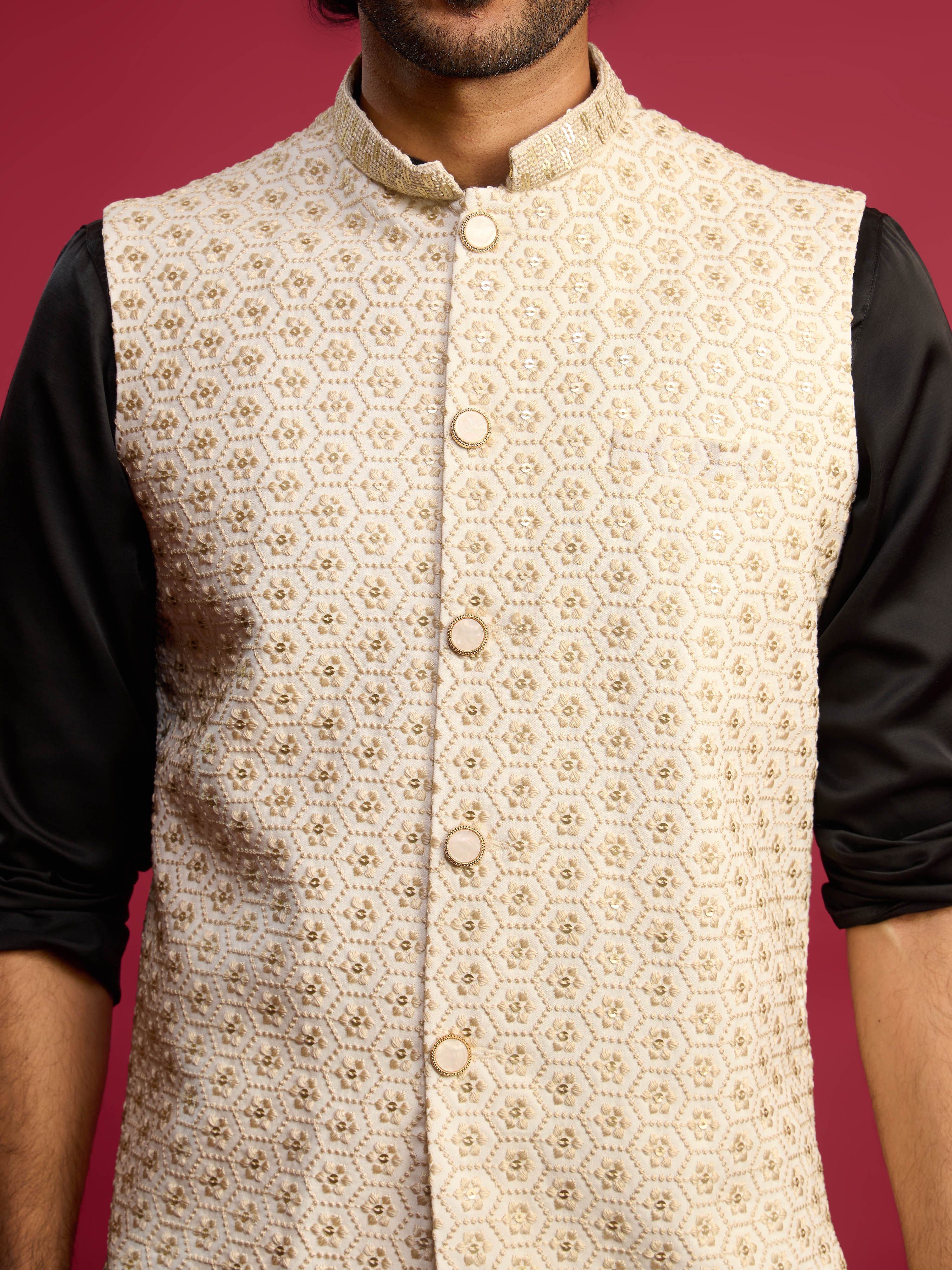 Men's Off-White Sequin Embroidered Nehru Jacket with Black Satin Kurta & Pants Set