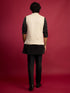 Men's Off-White Sequin Embroidered Nehru Jacket with Black Satin Kurta & Pants Set