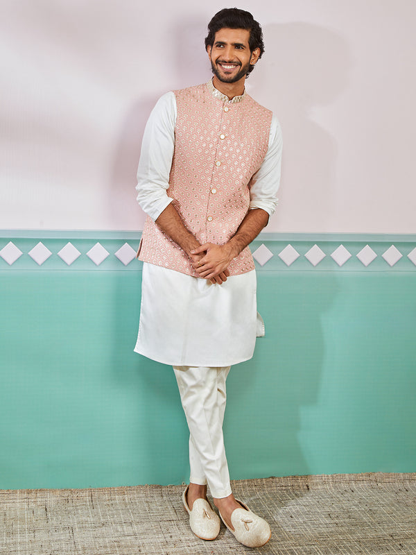 Men's Peach Fine Satin Nehru Jacket, Kurta And Pyjama Set.