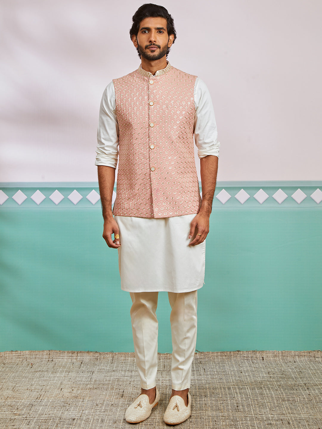 Men's Peach Fine Satin Nehru Jacket, Kurta And Pyjama Set.