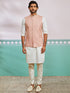 Men's Peach Fine Satin Nehru Jacket, Kurta And Pyjama Set.