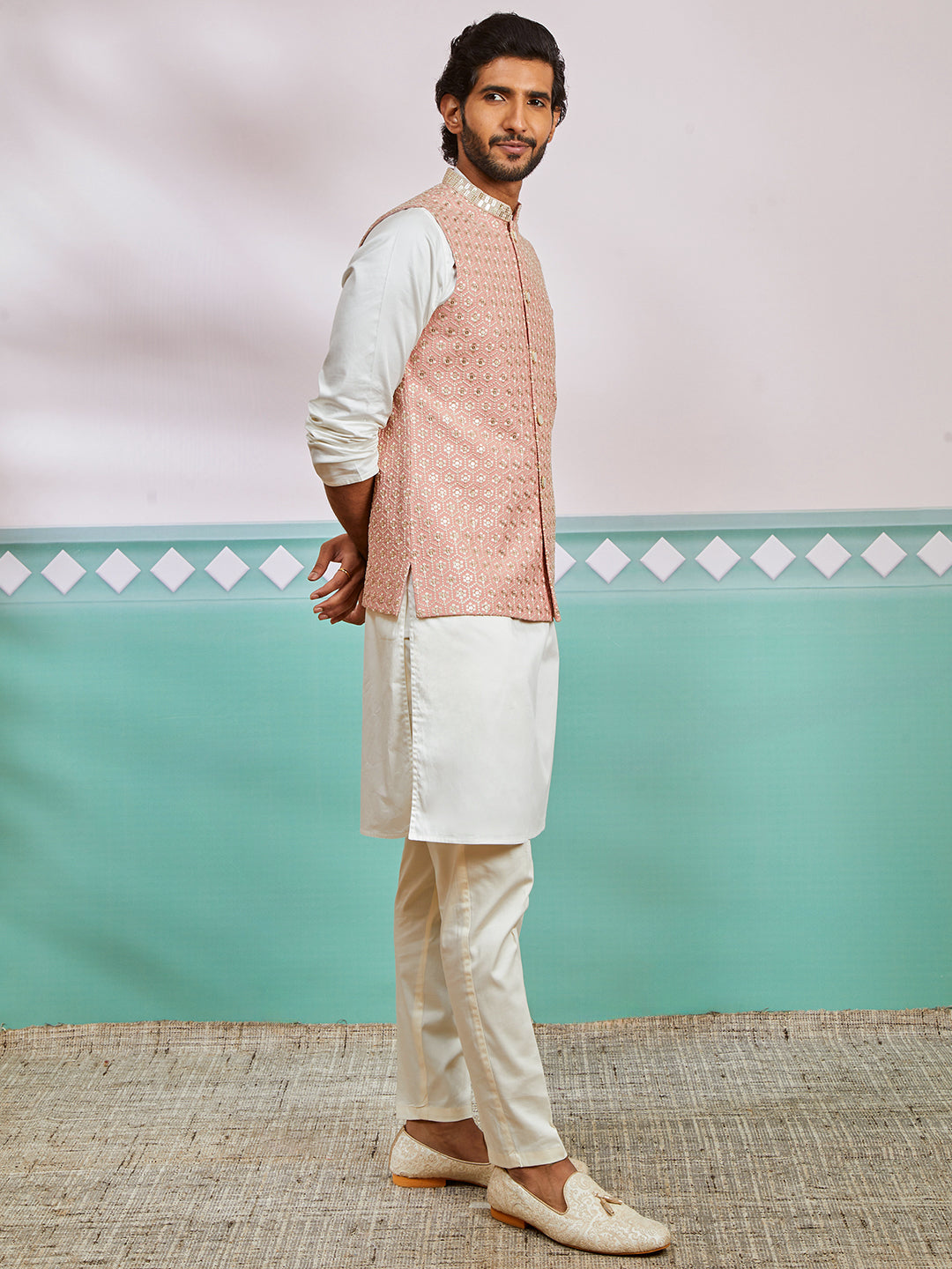 Men's Peach Fine Satin Nehru Jacket, Kurta And Pyjama Set.