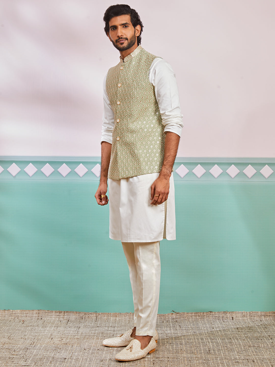Men’s Cream Kurta Pyjama Set with Pista Green Embroidered Nehru Jacket