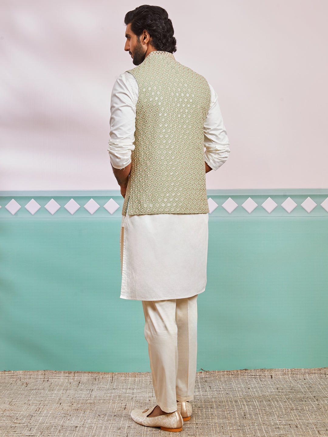 Men’s Cream Kurta Pyjama Set with Pista Green Embroidered Nehru Jacket