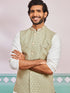 Men's Pista Green Fine Satin Nehru Jacket, Kurta And Pyjama Set.