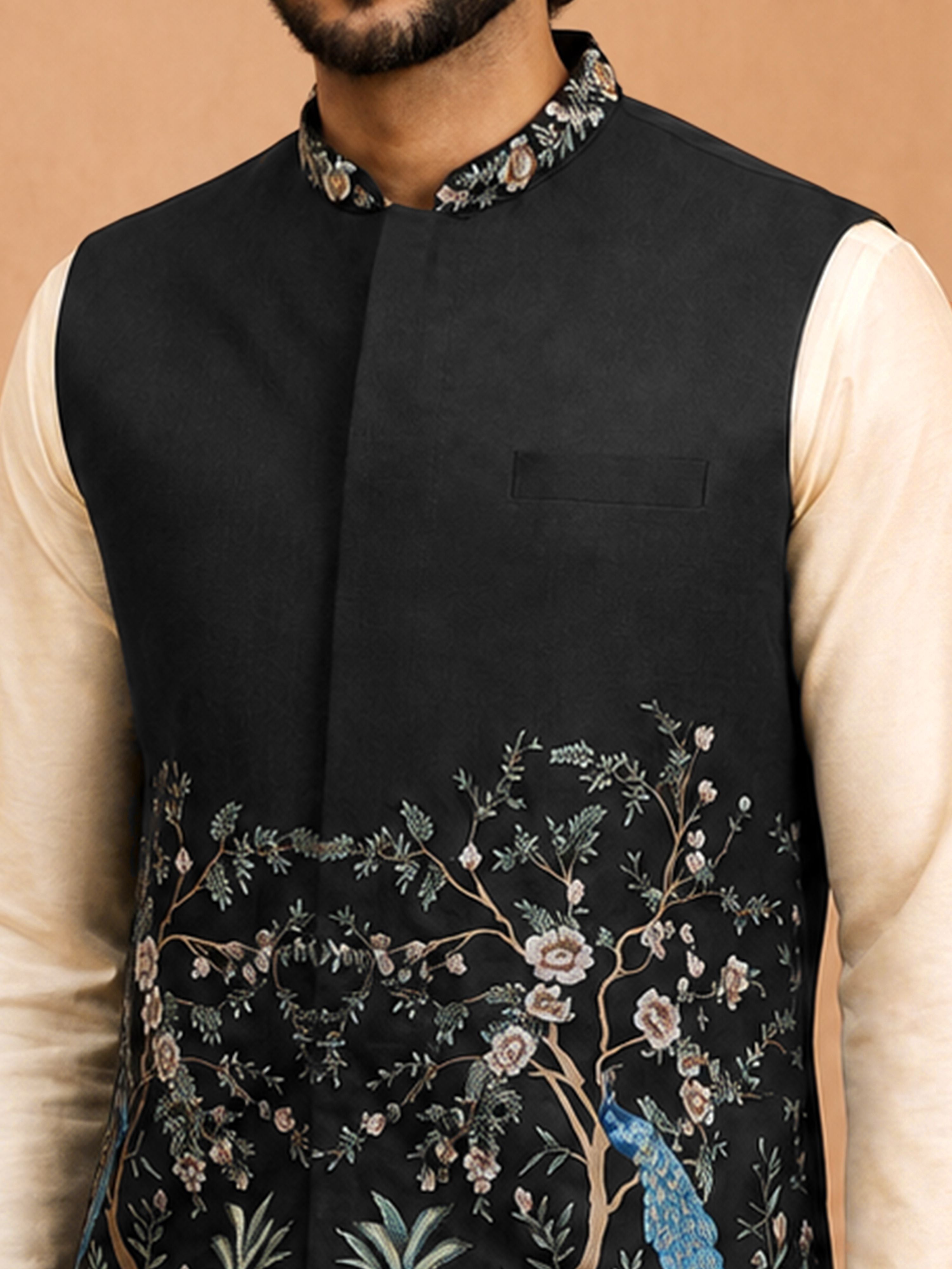 Men's Cream Viscose Embroidered Knee Length Nehru Jacket and Kurta with Pant