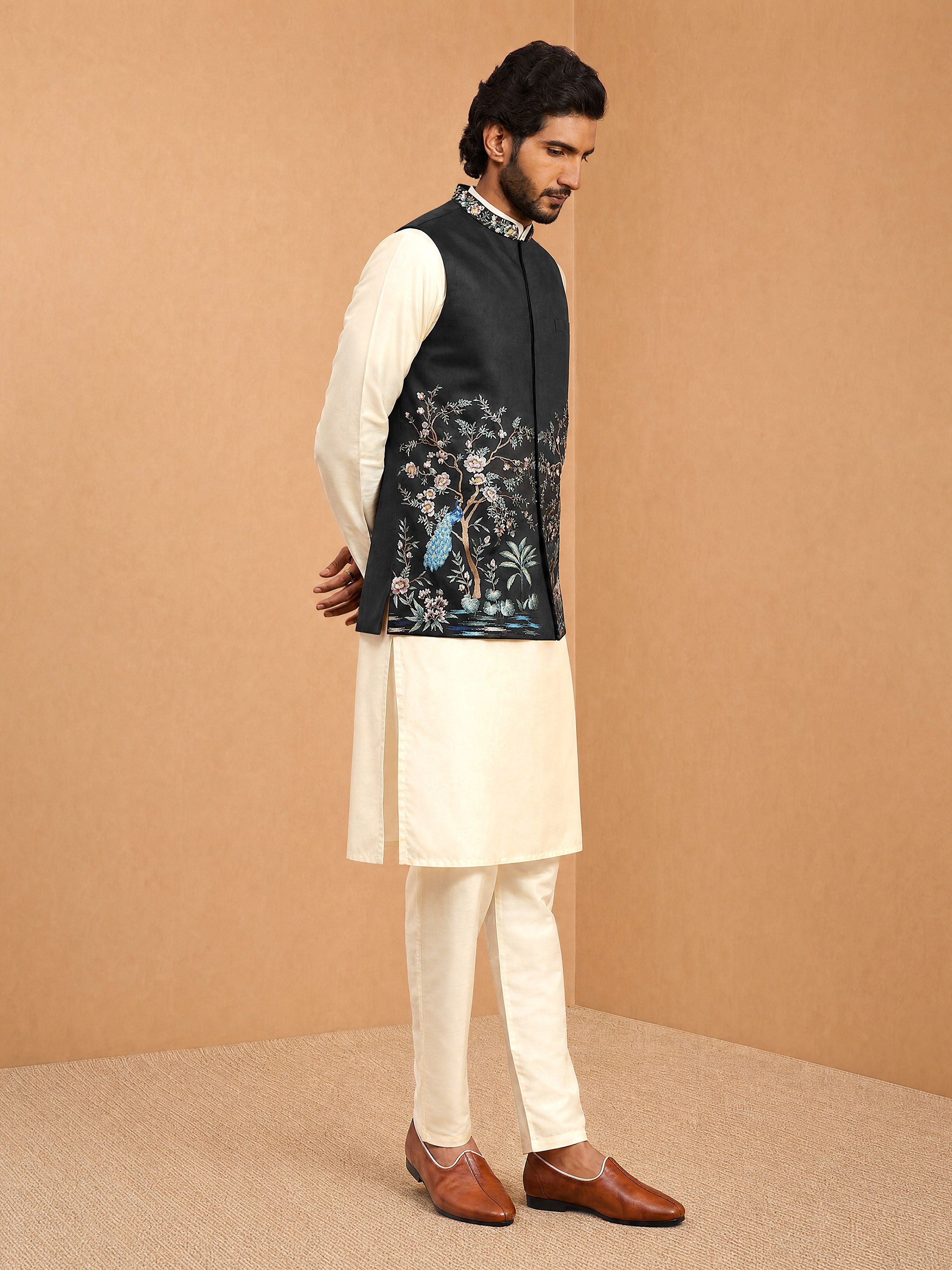 Men's Cream Viscose Embroidered Knee Length Nehru Jacket and Kurta with Pant