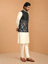 Men's Cream Viscose Embroidered Knee Length Nehru Jacket and Kurta with Pant