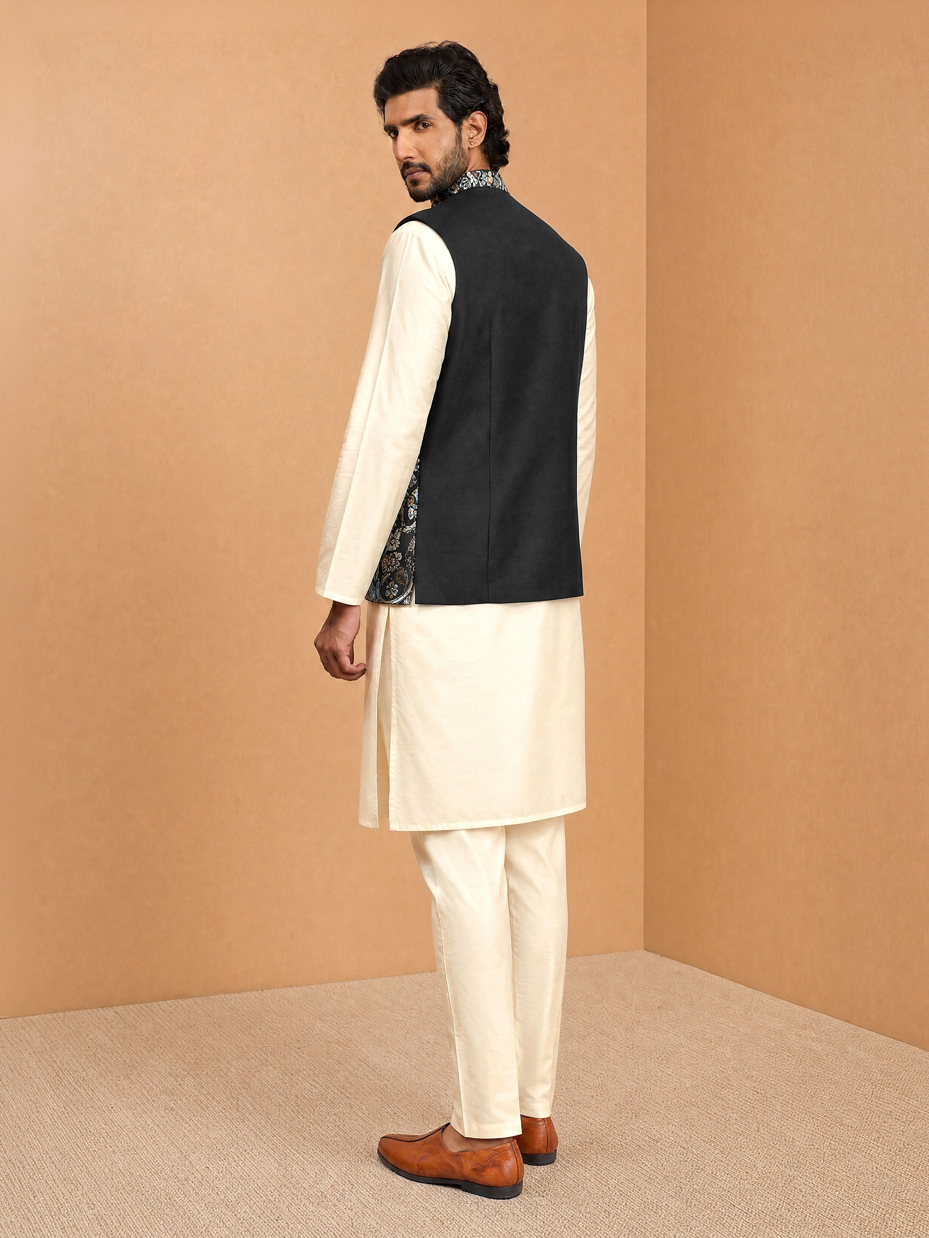 Men's Cream Viscose Embroidered Knee Length Nehru Jacket and Kurta with Pant