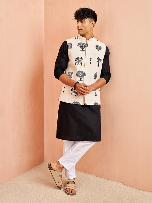 Men's Cream Block Print Nehru Jacket Black Kurta White Pyjama Set