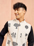 Men's Cream Block Print Nehru Jacket Black Kurta White Pyjama Set