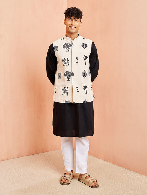 Men's Cream Block Print Nehru Jacket Black Kurta White Pyjama Set