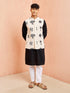 Men's Cream Block Print Nehru Jacket Black Kurta White Pyjama Set