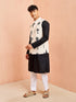Men's Cream Block Print Nehru Jacket Black Kurta White Pyjama Set