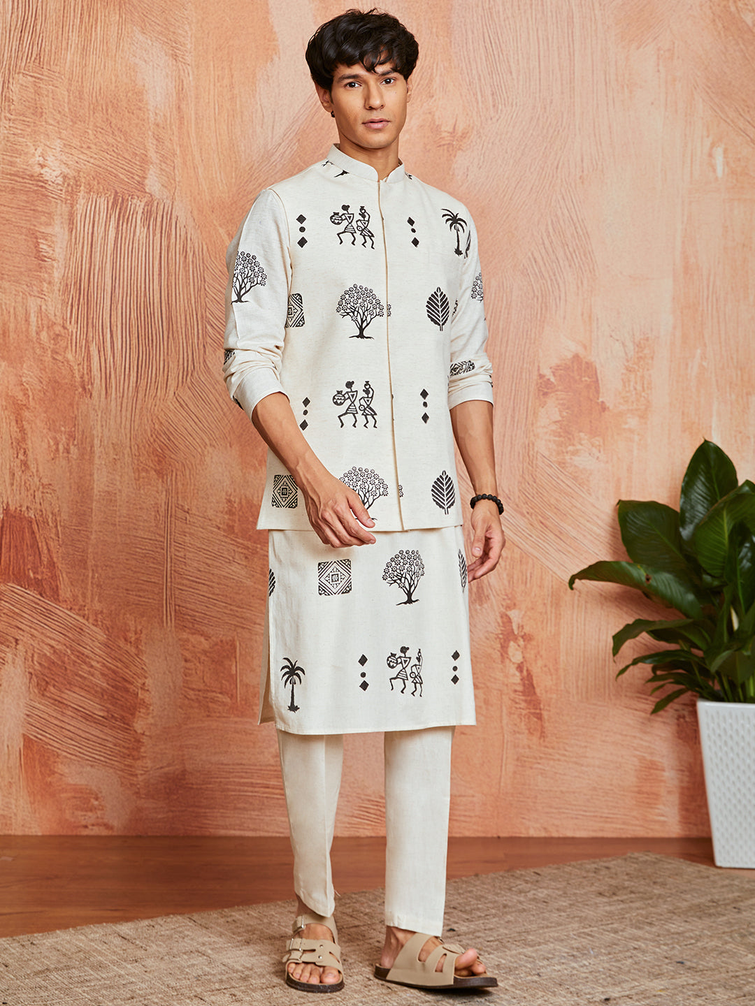Men's Cream Cotton Jacket Kurta And Pyjama Set