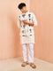 Men's Cream Block Print Nehru Jacket with Mid Length Kurta Pyjama Set