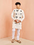 Men's Cream Block Print Nehru Jacket with Mid Length Kurta Pyjama Set