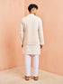Men's Cream Block Print Nehru Jacket with Mid Length Kurta Pyjama Set