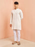 Men's Cream Block Print Nehru Jacket with Mid Length Kurta Pyjama Set