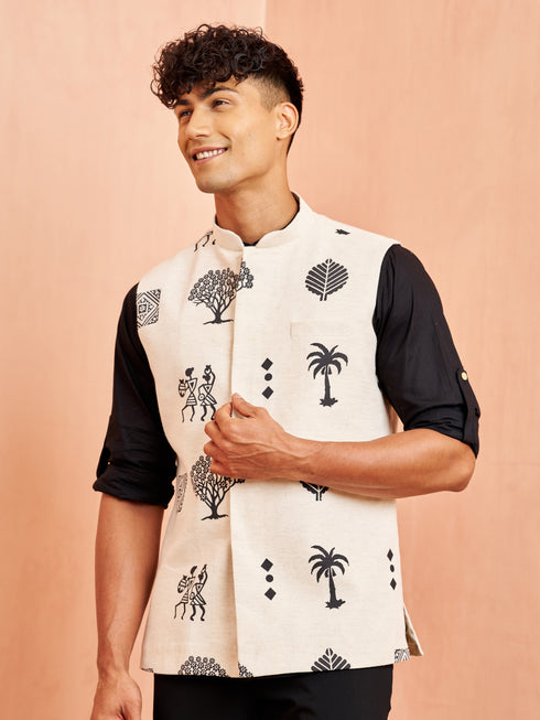 Men's Cream Block Print Nehru Jacket with Black Short Kurta Ethnic Set