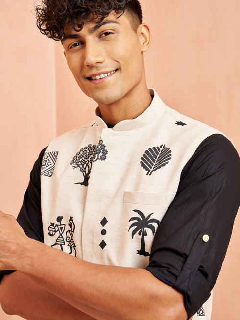 Men's Cream Block Print Nehru Jacket with Black Short Kurta Ethnic Set