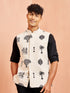 Men's Cream Block Print Nehru Jacket with Black Short Kurta Ethnic Set