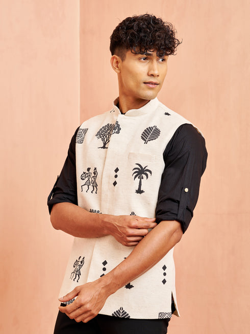 Men's Cream Block Print Nehru Jacket with Black Short Kurta Ethnic Set