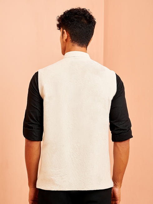 Men's Cream Block Print Nehru Jacket with Black Short Kurta Ethnic Set