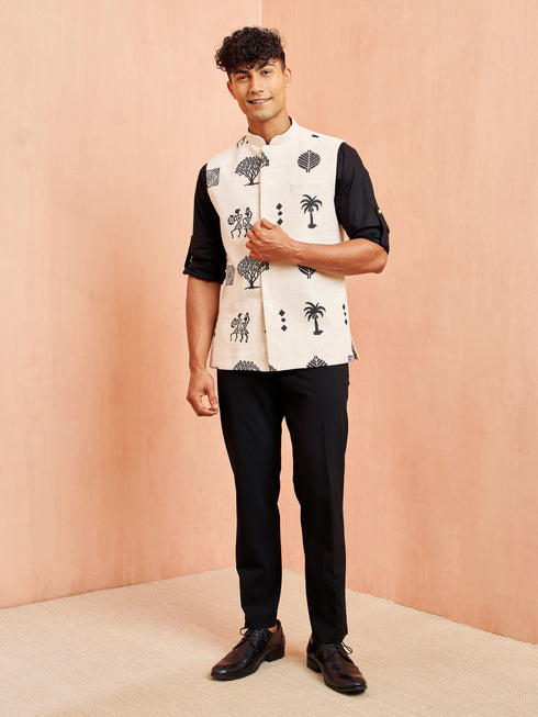 Men's Cream Block Print Nehru Jacket with Black Short Kurta Ethnic Set