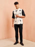 Men's Cream Block Print Nehru Jacket with Black Short Kurta Ethnic Set