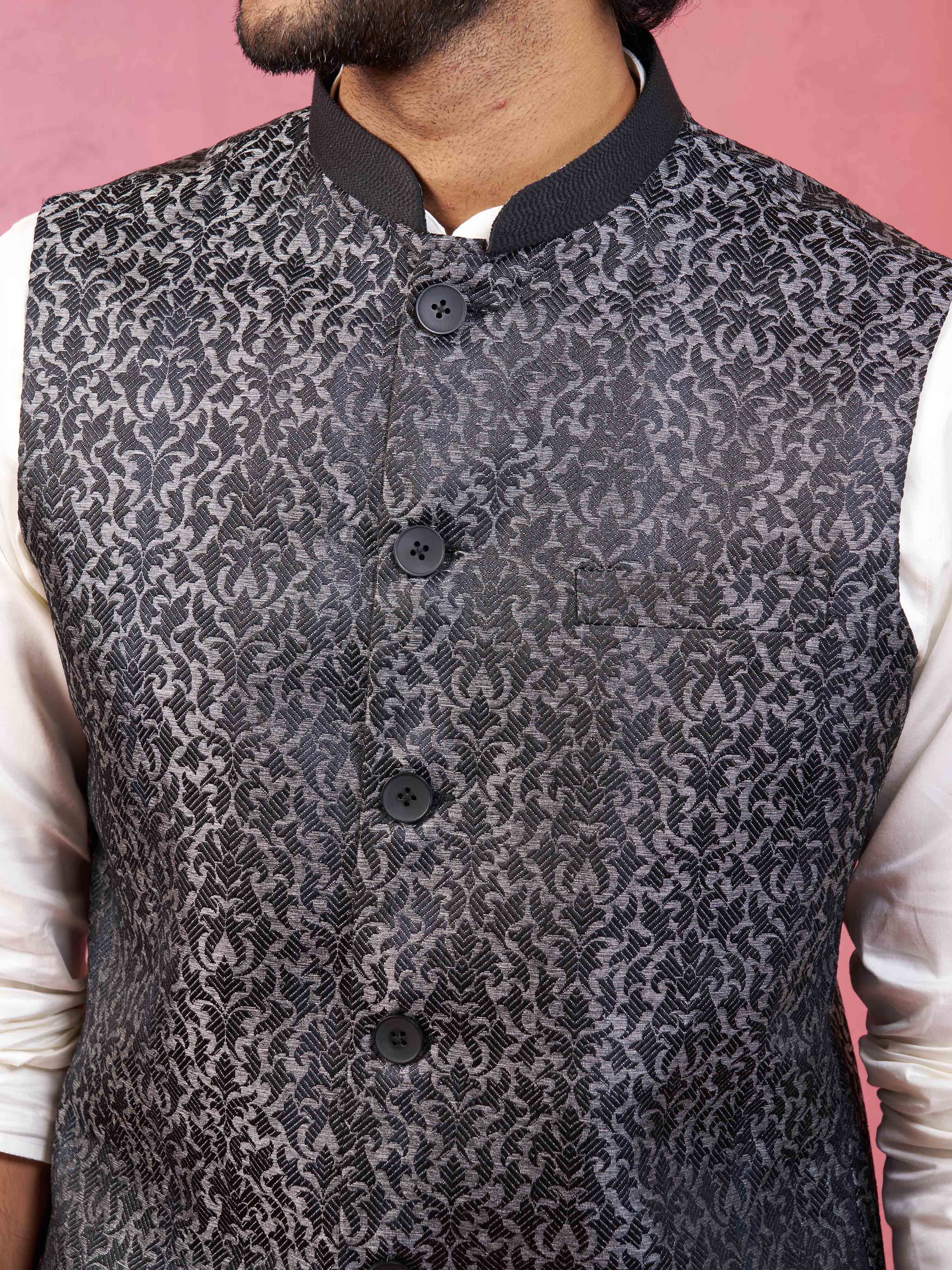 Men's Grey Jacquard Nehru Jacket with Cream Kurta Pyjama