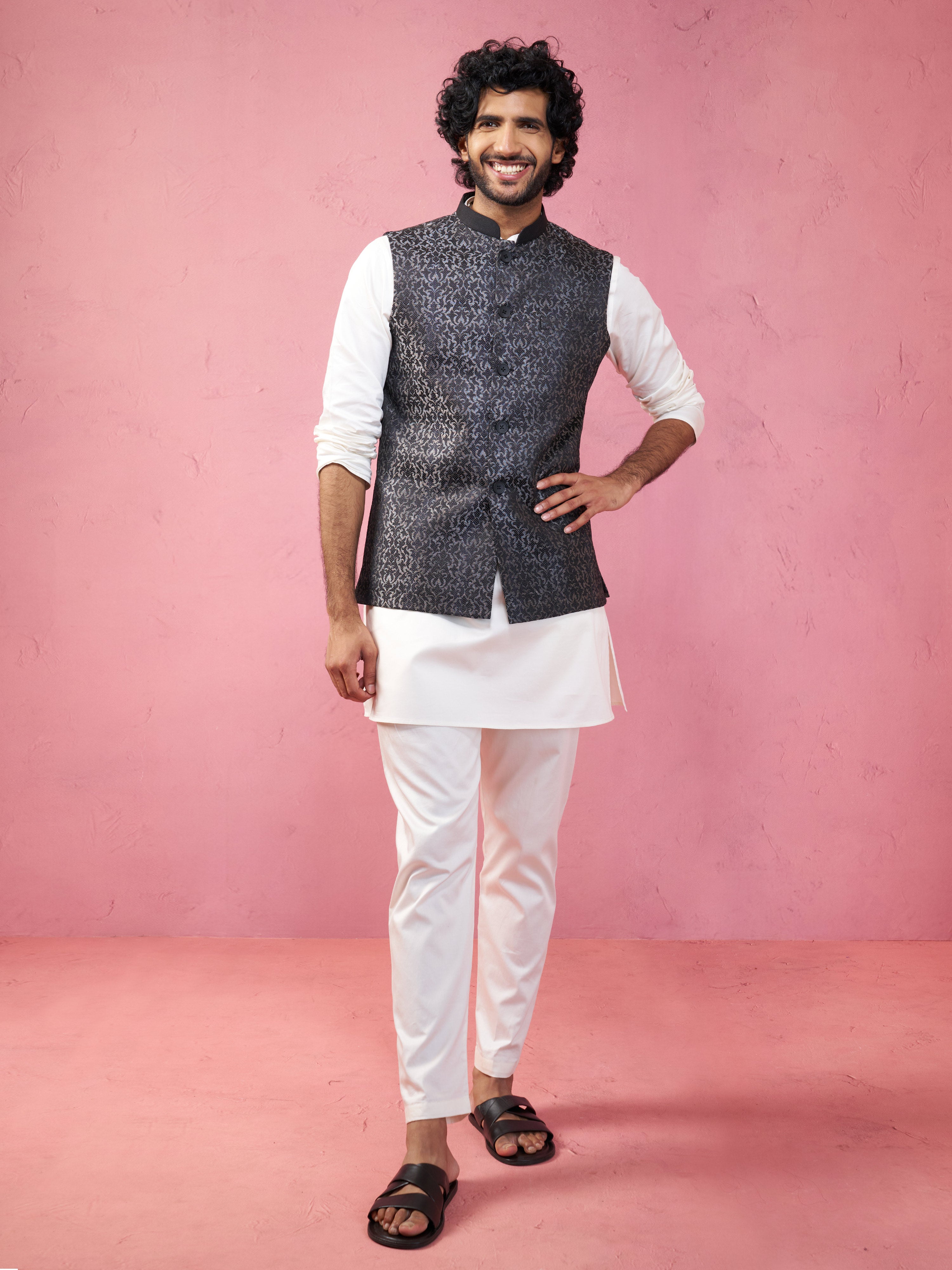 Men's Grey Jacquard Nehru Jacket with Cream Kurta Pyjama