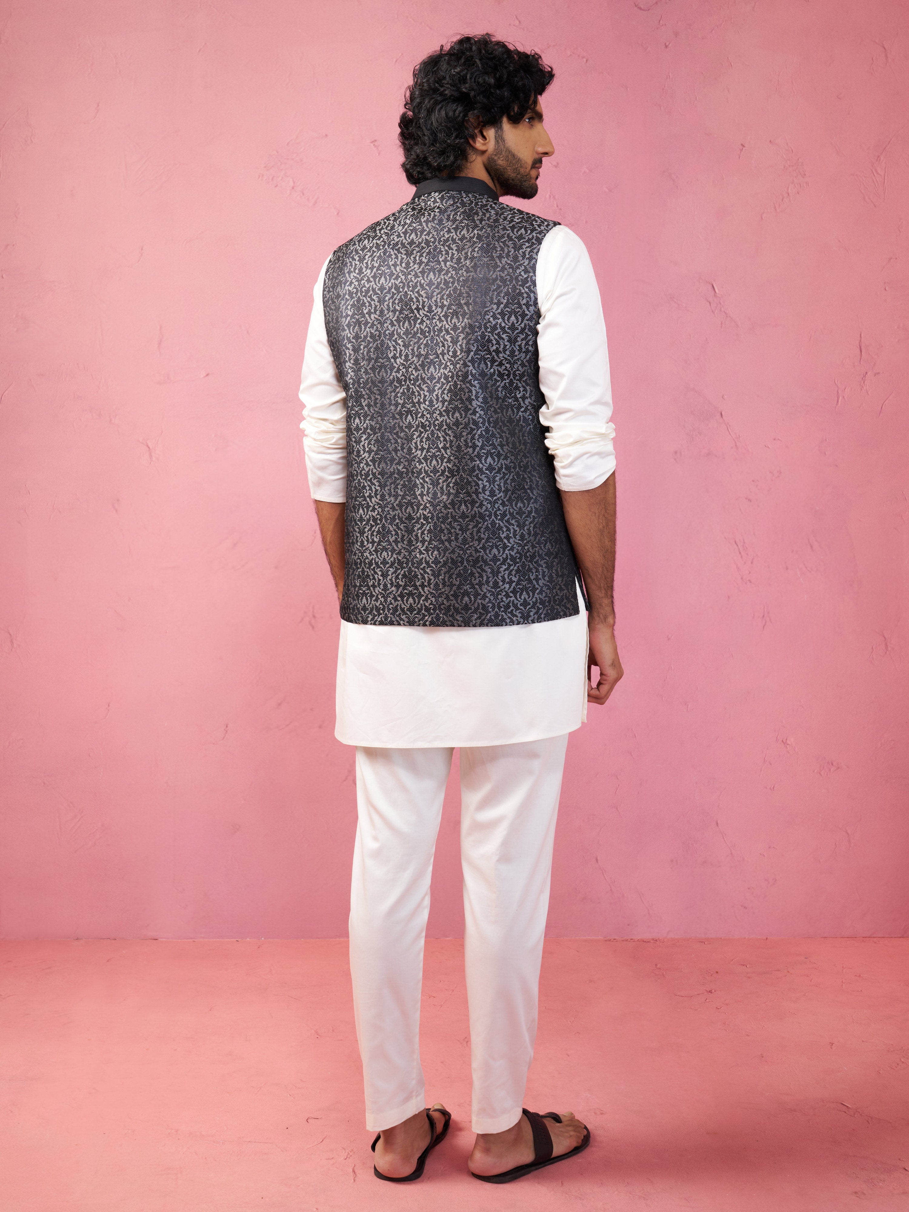 Men's Grey Jacquard Nehru Jacket with Cream Kurta Pyjama