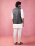 Men's Grey Jacquard Nehru Jacket with Cream Kurta Pyjama