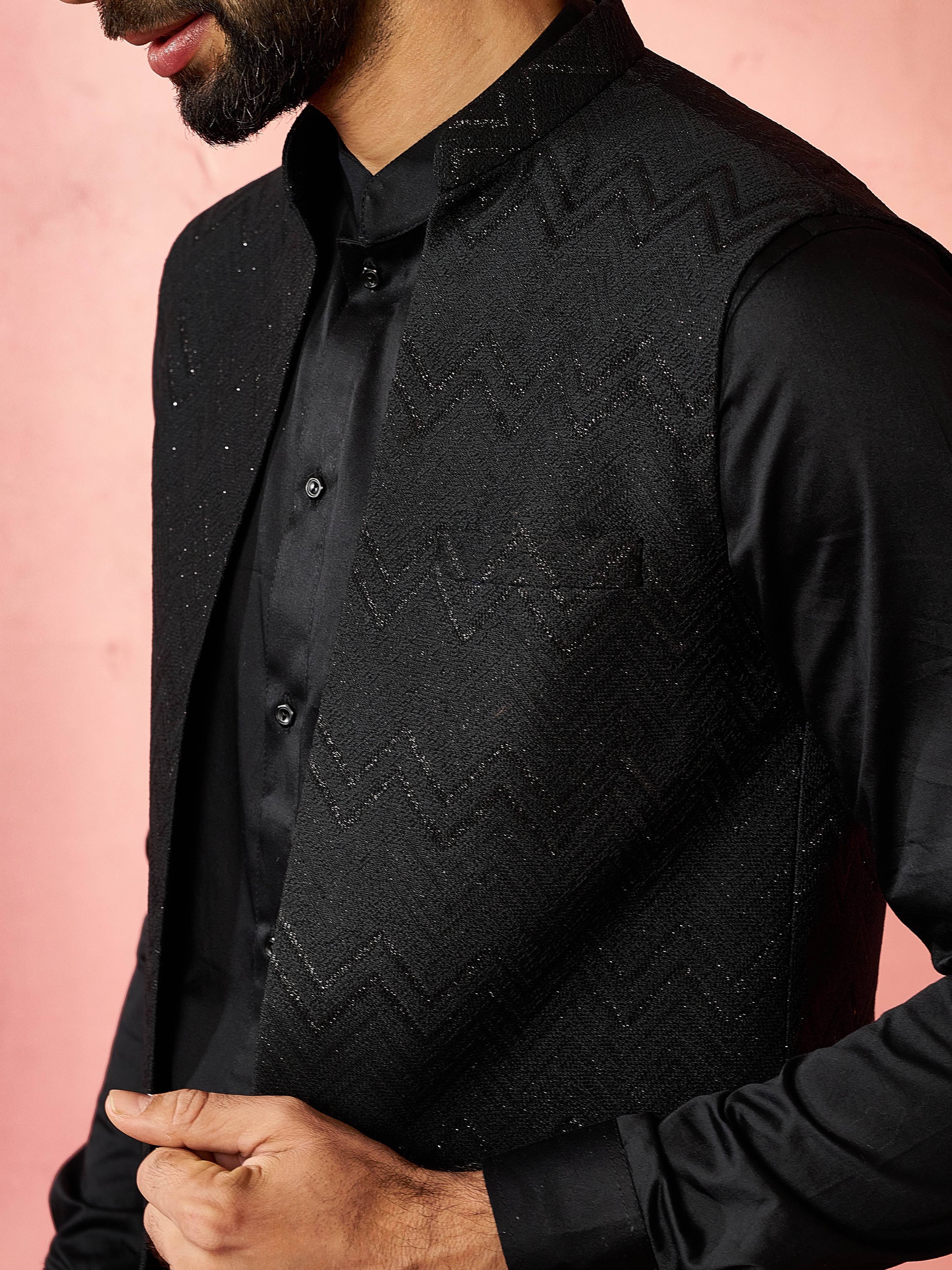 Men's Black Jacquard Nehru Jacket with Satin Kurta 3-Piece Wedding Set