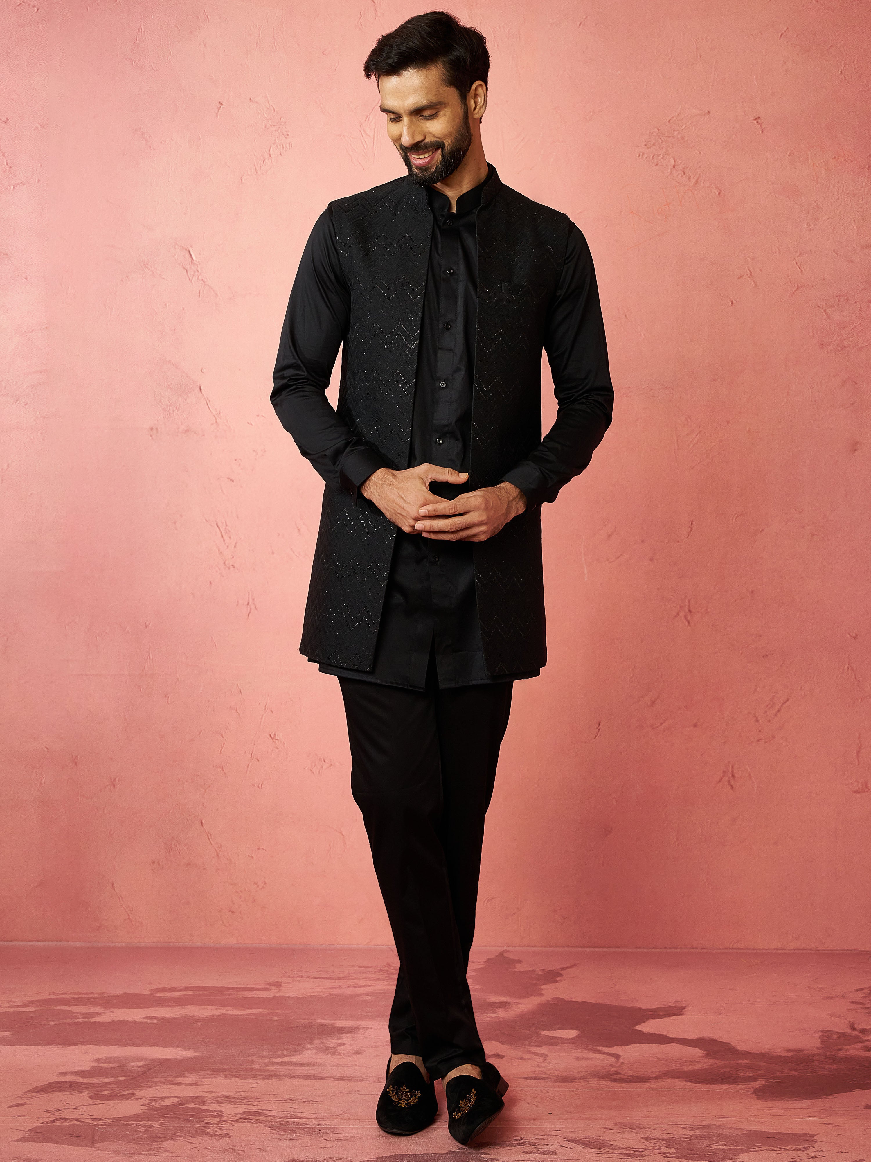 Men's Black Jacquard Nehru Jacket with Satin Kurta 3-Piece Wedding Set