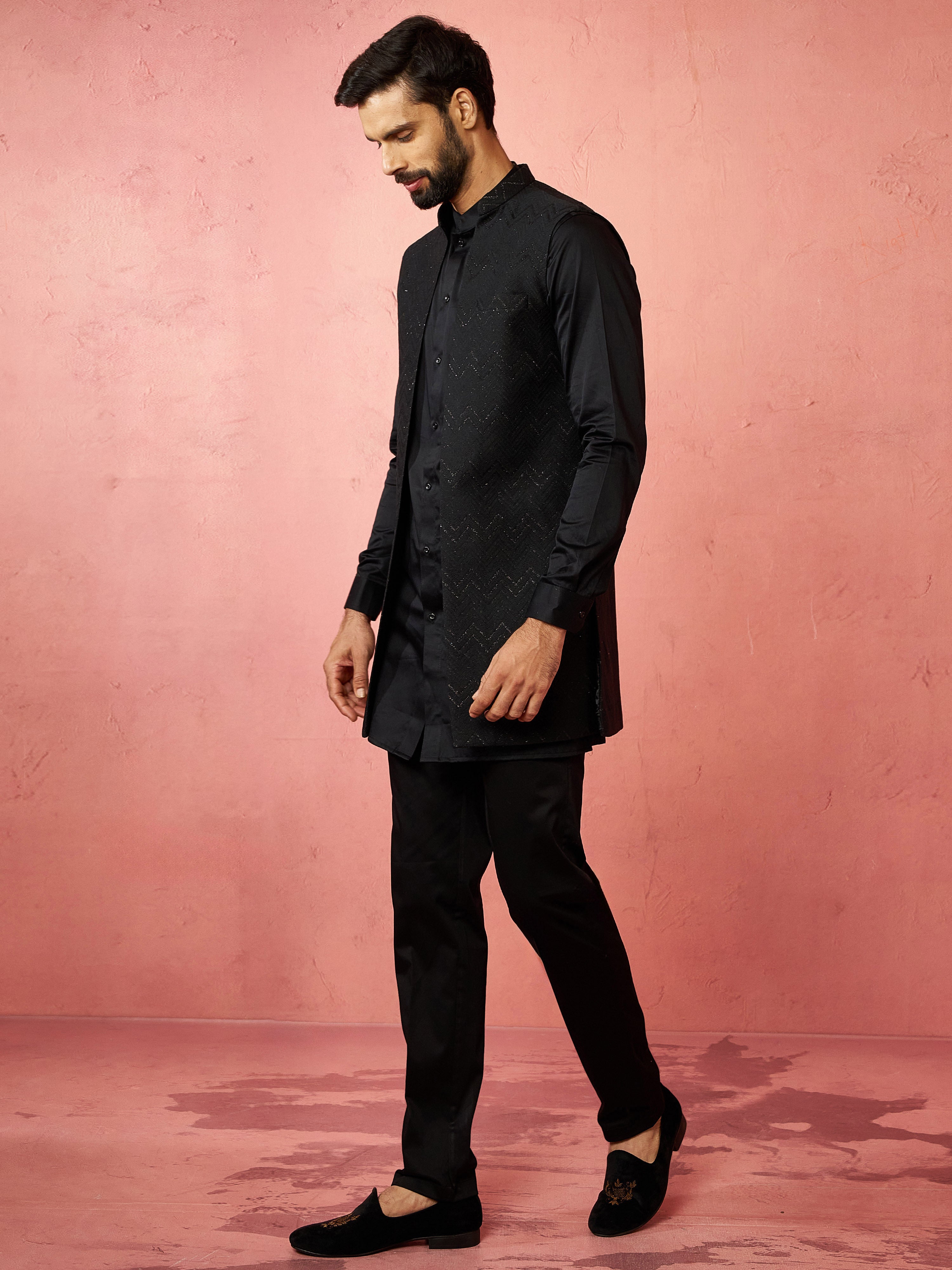 Men's Black Jacquard Nehru Jacket with Satin Kurta 3-Piece Wedding Set
