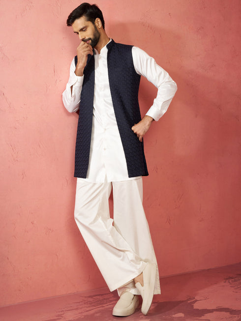 Men's Blue Nehru Jacket with Cream Kurta Trouser