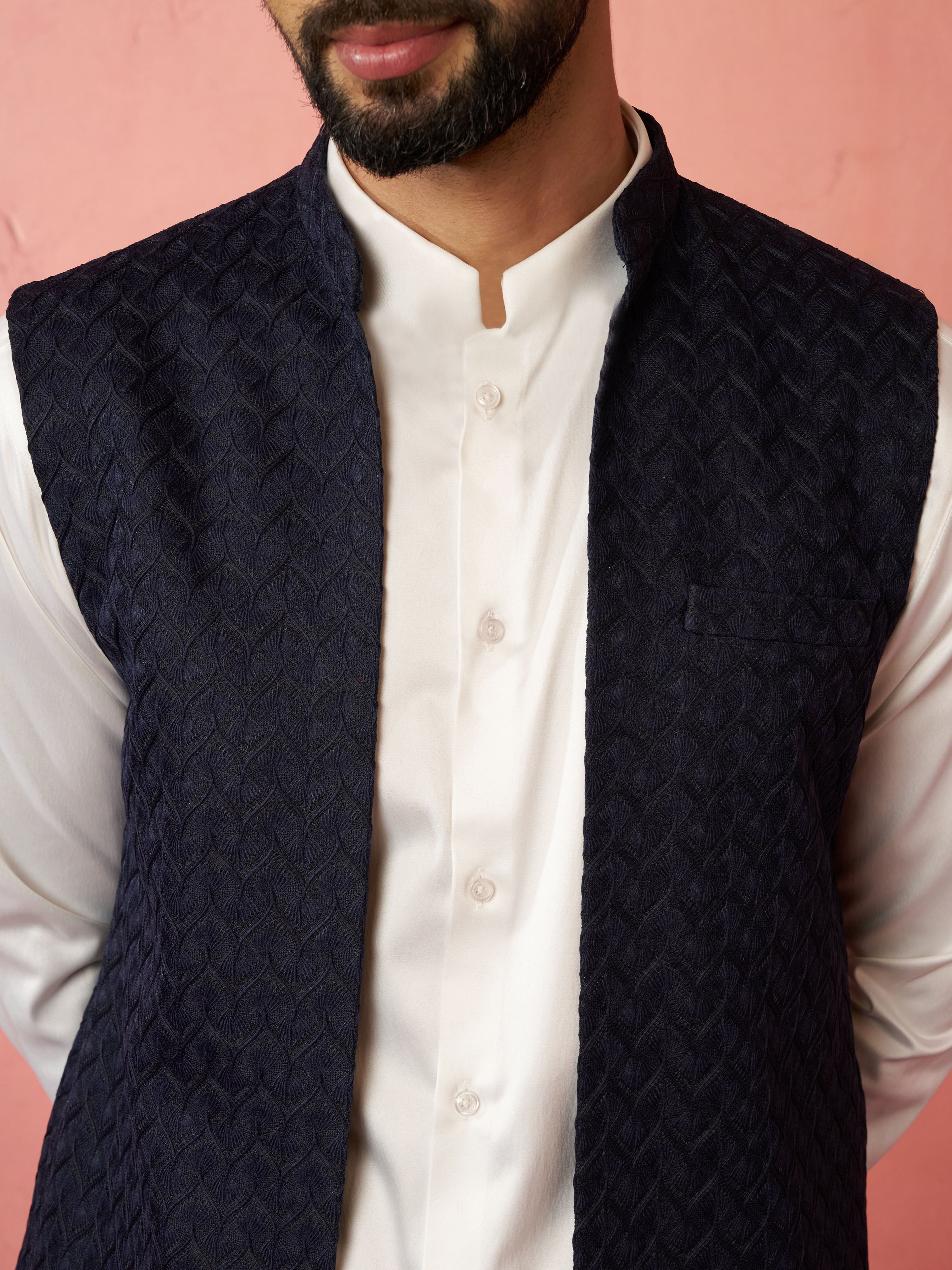 Men's Blue Nehru Jacket with Cream Kurta Trouser