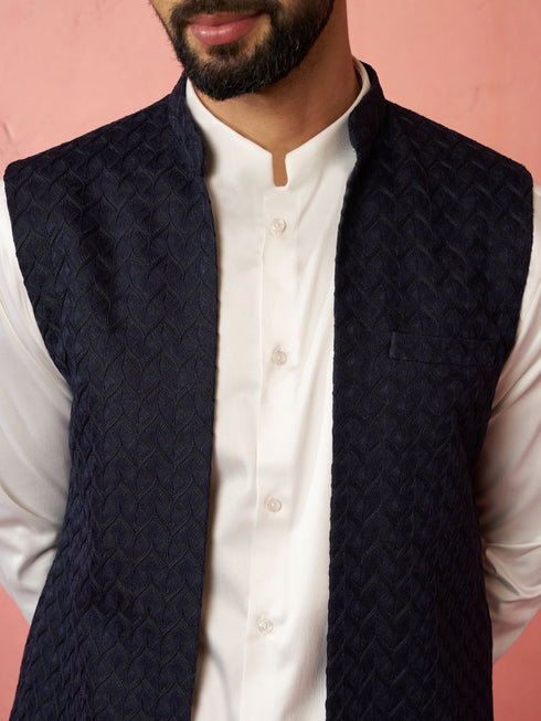 Men's Blue Nehru Jacket with Cream Kurta Trouser