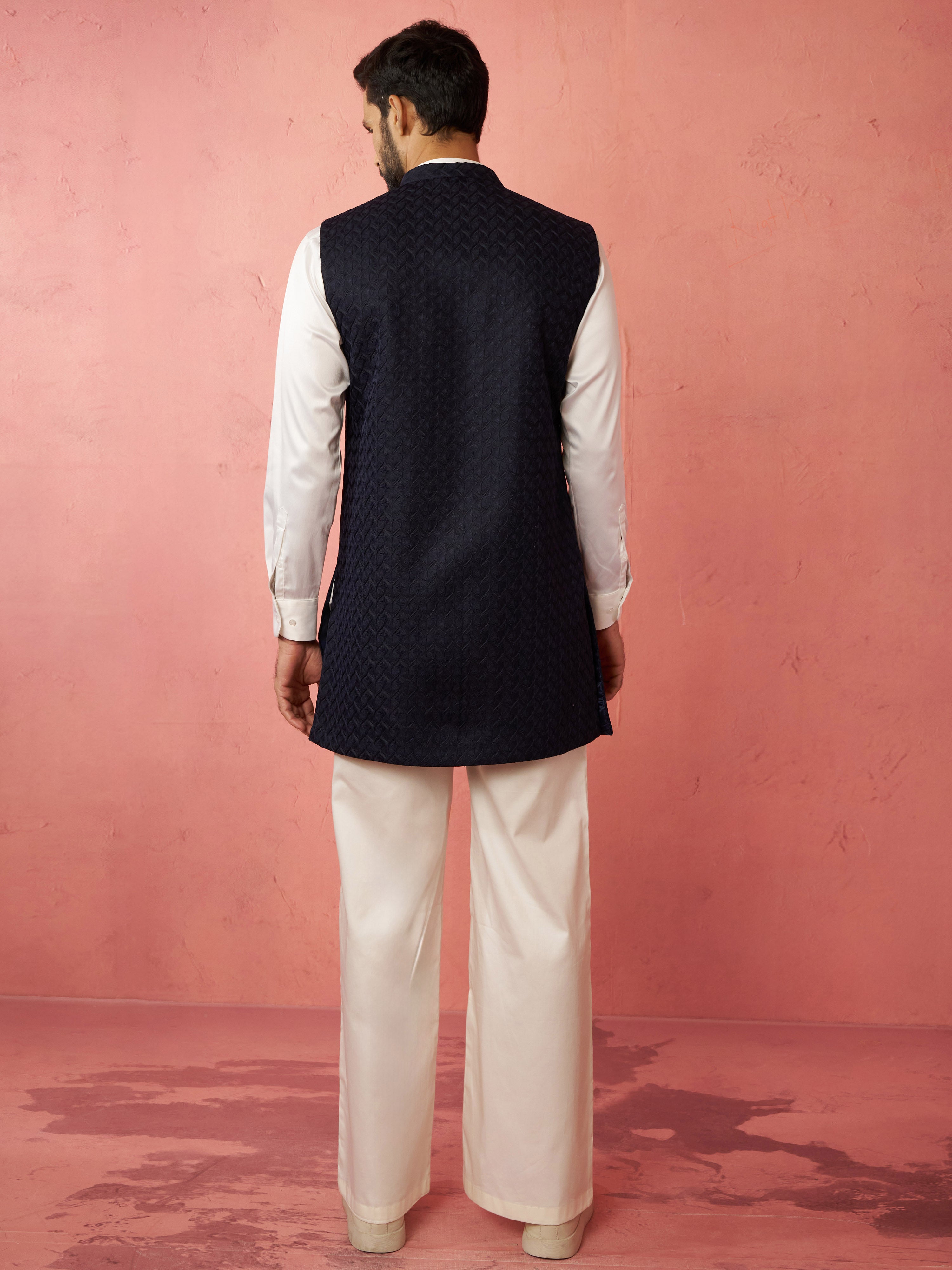 Men's Blue Nehru Jacket with Cream Kurta Trouser