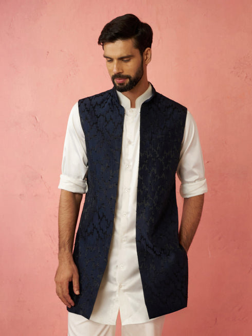 Men's Navy Blue Silky Abstract Embroidered Nehru Jacket