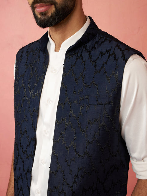 Men's Navy Blue Silky Abstract Embroidered Nehru Jacket