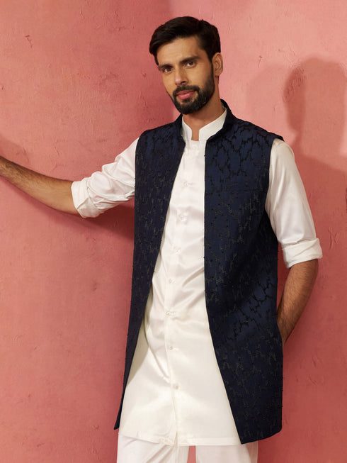 Men's Navy Blue Silky Abstract Embroidered Nehru Jacket