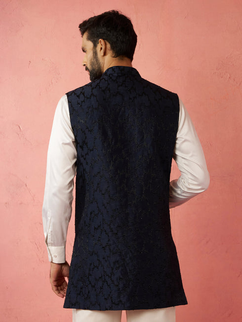 Men's Navy Blue Silky Abstract Embroidered Nehru Jacket