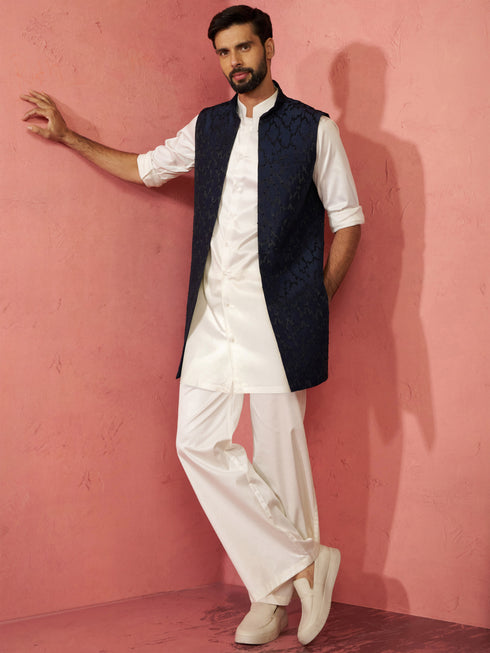 Men's Navy Blue Silky Abstract Embroidered Nehru Jacket