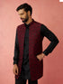 Men's Wine Silky Abstract Embroidered Nehru Jacket