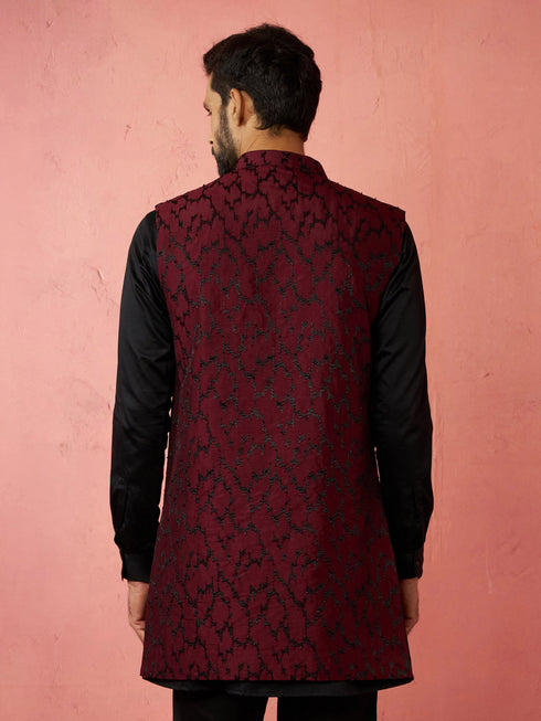 Men's Wine Silky Abstract Embroidered Nehru Jacket